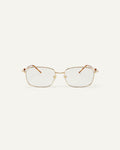 Face shot of Bonnie Clyde Dance Dance optical frames in gold and yellow tortoise with clear lenses.