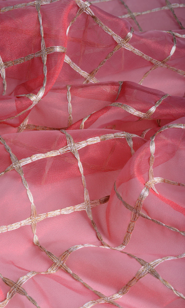 Checked Sheer Drapes (Coral Red/ Pink/ Gold)