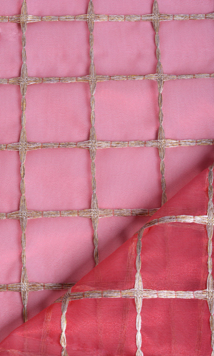 Checked Sheer Drapes for Living, Bedroom, Kitchen, Bathroom (Coral Red/ Pink/ Gold)