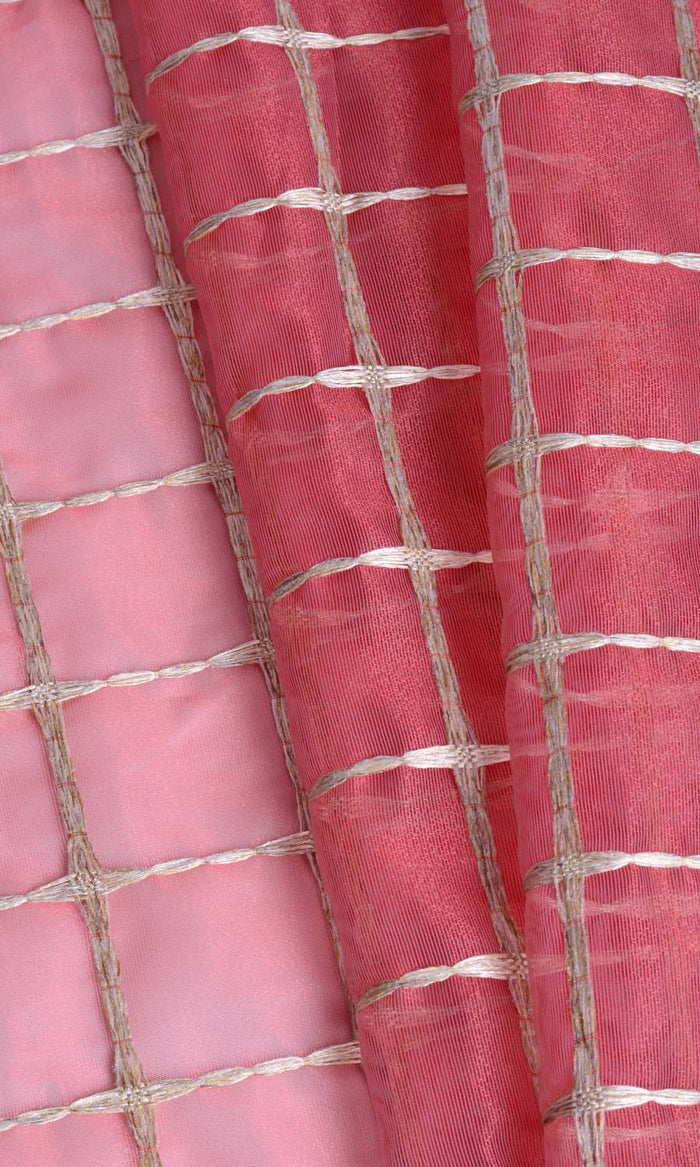 Checked Sheer Pinch Pleat, Rod Pocket, Eyelet Curtains (Coral Red/ Pink/ Gold)