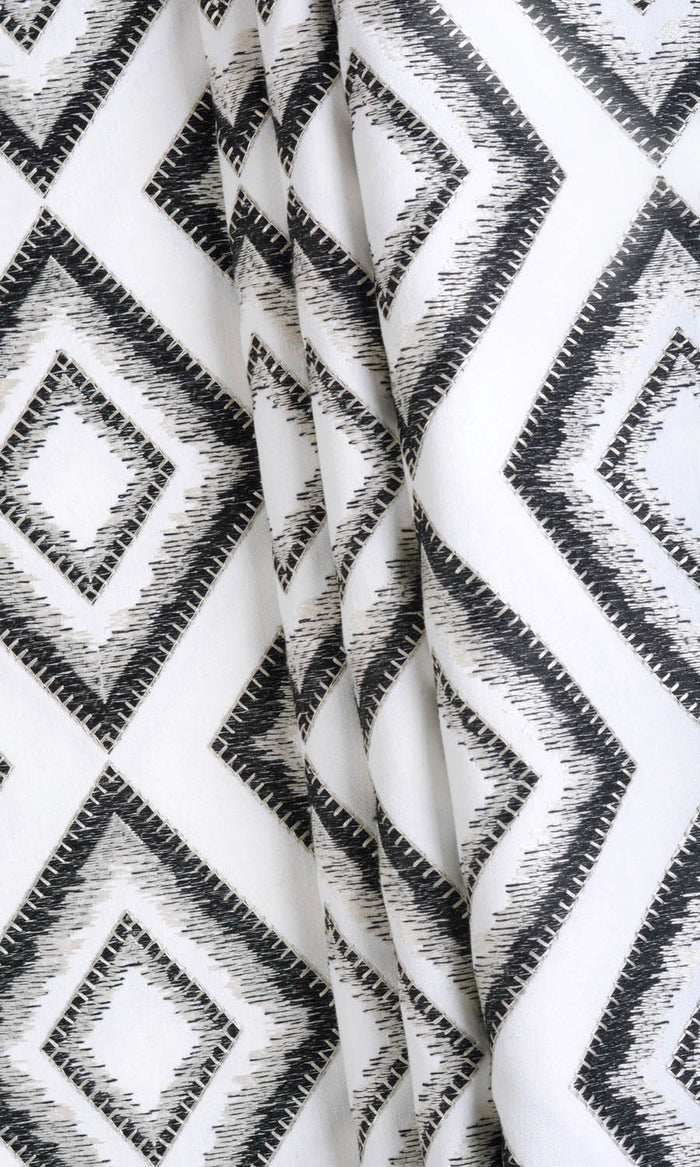 Geometric Patterned Pinch Pleat, Rod Pocket, Eyelet Curtains (White/ Black)