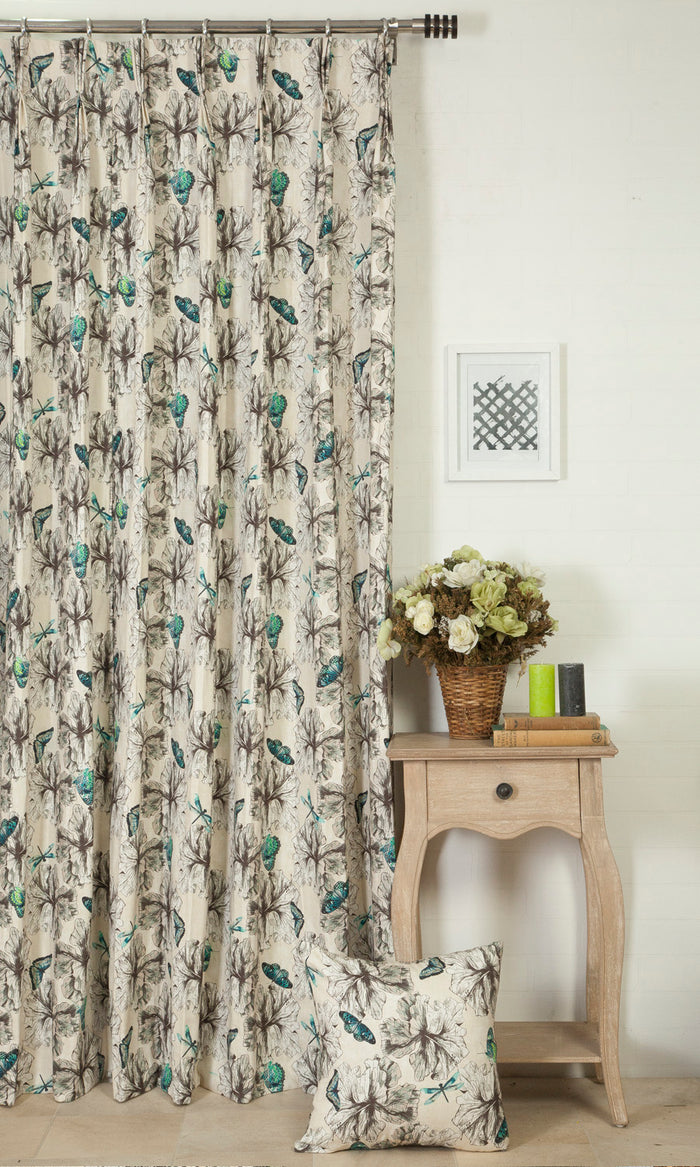 Butterfly Print Cotton Curtains (Blue)