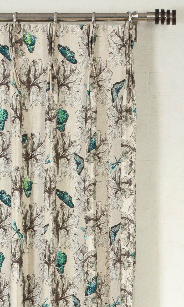 Butterfly Print Cotton Pinch Pleat, Rod Pocket, Eyelet Curtains (Blue)