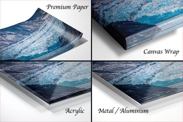 The image is a collage of four different images, each depicting a landscape with a mountain or hill. The images are labeled as "Premium Paper", "Canvas Wrap", "Acrylic", and "Metal/Aluminum".