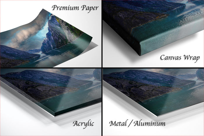 The image is a collage of four different views of a mountainous landscape, each with a distinct finish: "Premium Paper", "Canvas Wrap", "Acrylic", and "Metal/Aluminum".