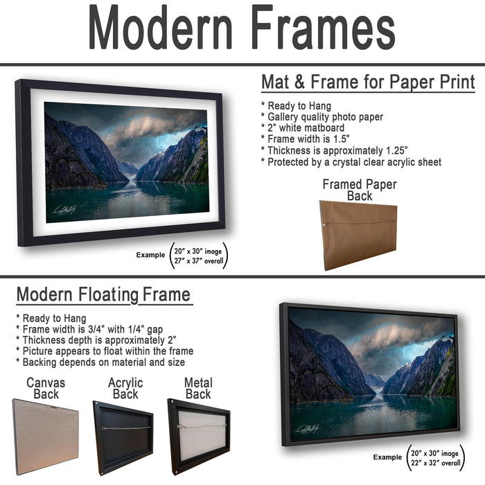 The image is a collage of two framed pictures, one of a mountain landscape and the other of a lake. The framed pictures are displayed in various sizes and frame types, including a mat and frame for paper print, a modern floating frame, and a framed paper back.