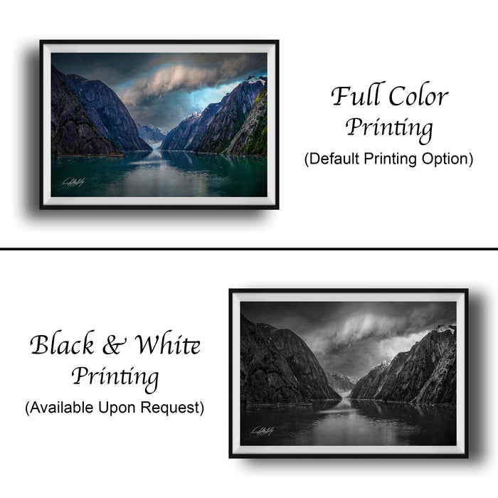 The image is a collage of two framed pictures. The top picture is a full color print of a mountainous landscape with a lake, while the bottom picture is a black and white print of the same landscape. Both pictures are framed and available upon request.