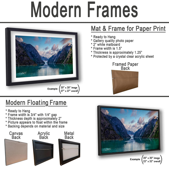 The image is a comparison of modern frames and floating frames for paper print. It features two framed pictures of a scenic landscape, one with a mat and frame and the other with a modern floating frame. The text provides information about the mat and frame for paper print, as well as the mat and frame for a framed paper back, along with examples of the sizes of the mat and frame.