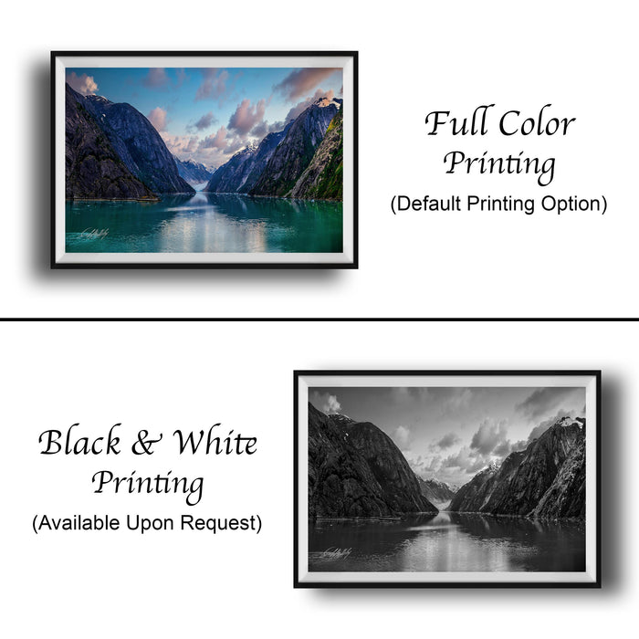 The image is a collage of two framed pictures. The top picture is a full color print of a scenic mountain landscape, while the bottom picture is a black and white print of the same mountain landscape. Both pictures are framed and available upon request.