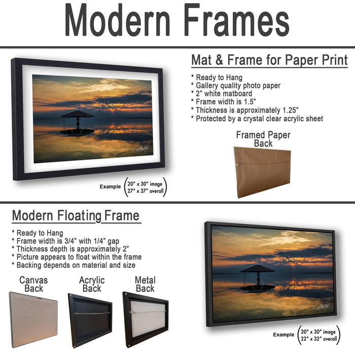 The image is a collage of three framed artworks, each with a different frame and backing material. The first frame is a mat and frame for a paper print, the second frame is a modern floating frame, and the third frame is a mat and frame for a printed back.