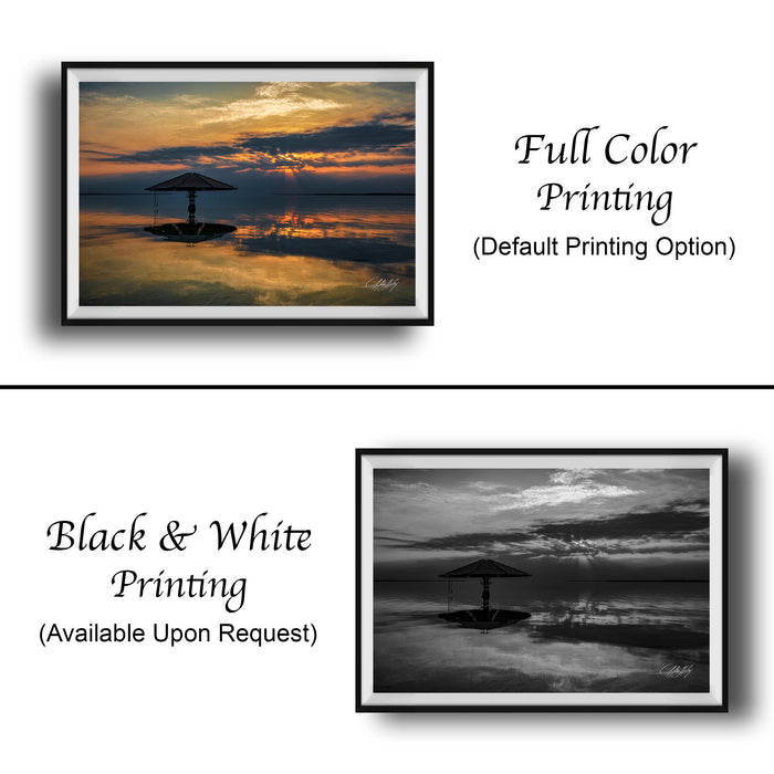 The image is a collage of two framed pictures. The top picture is a full color print of a sunset over a body of water, while the bottom picture is a black and white print of the same sunset. Both pictures are framed and available upon request.
