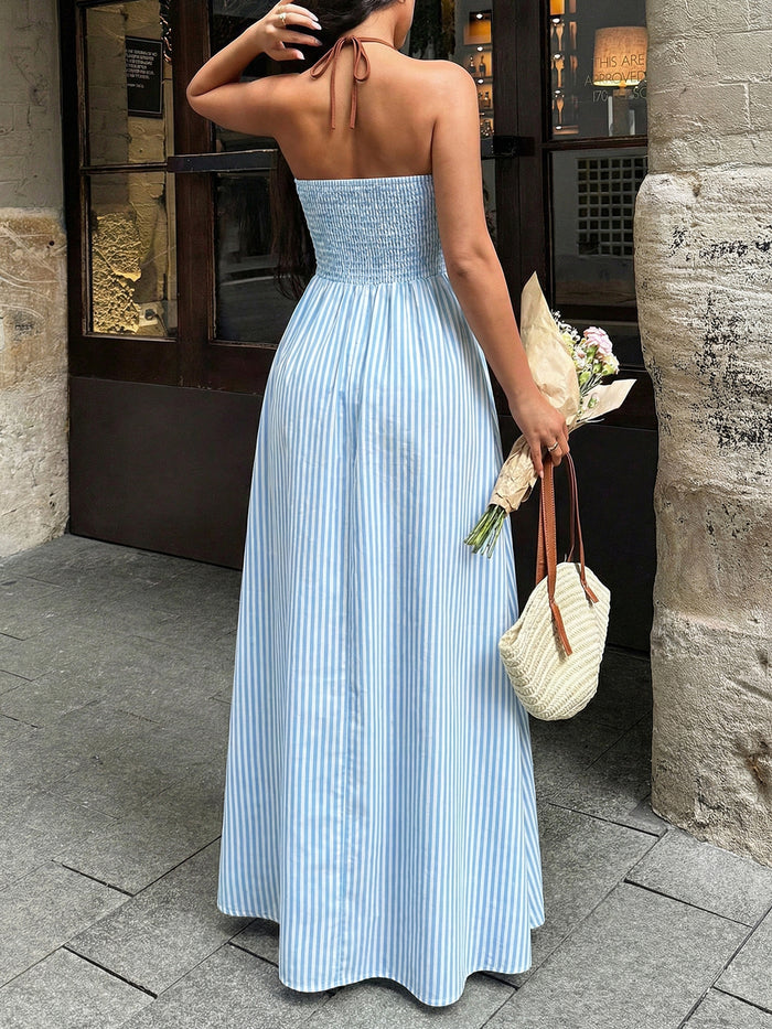 Deep V-Neck Striped Resort Dress