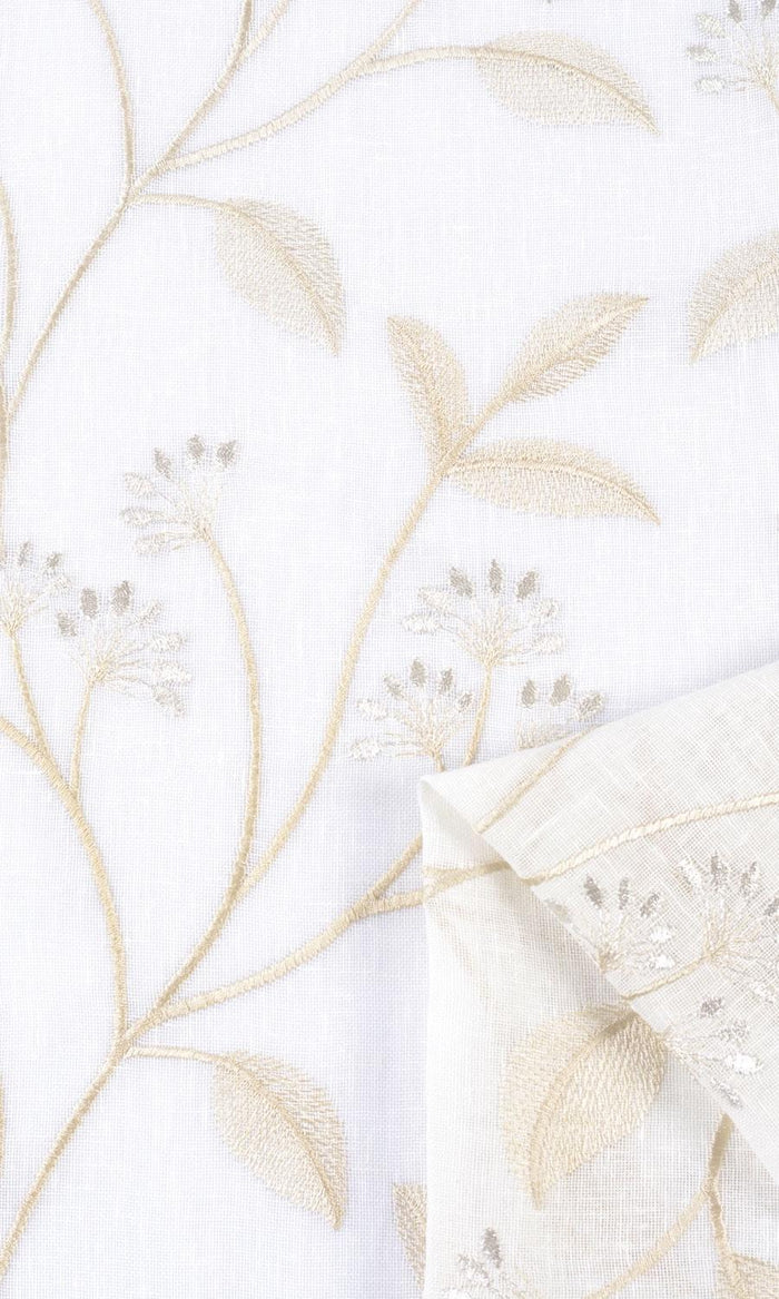 Sheer Floral Embroidered Window Treatments Fabric By the Metre (White/ Beige)