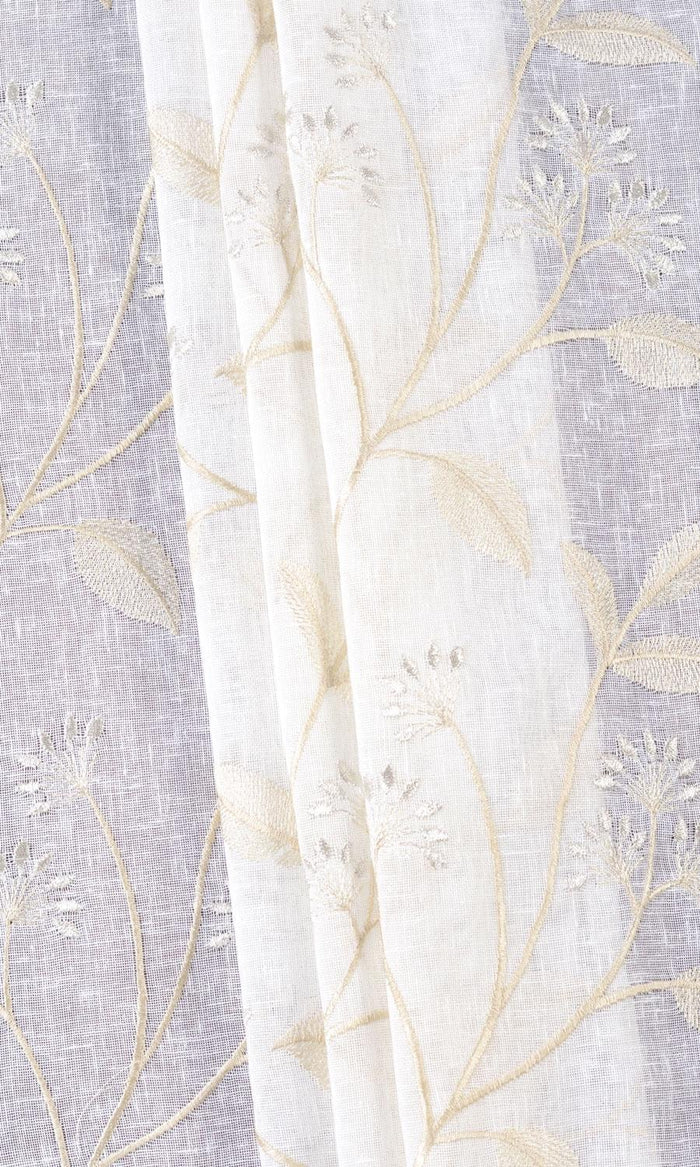 Sheer Floral Embroidered Home Textile Fabric Material By the Metre (White/ Beige)