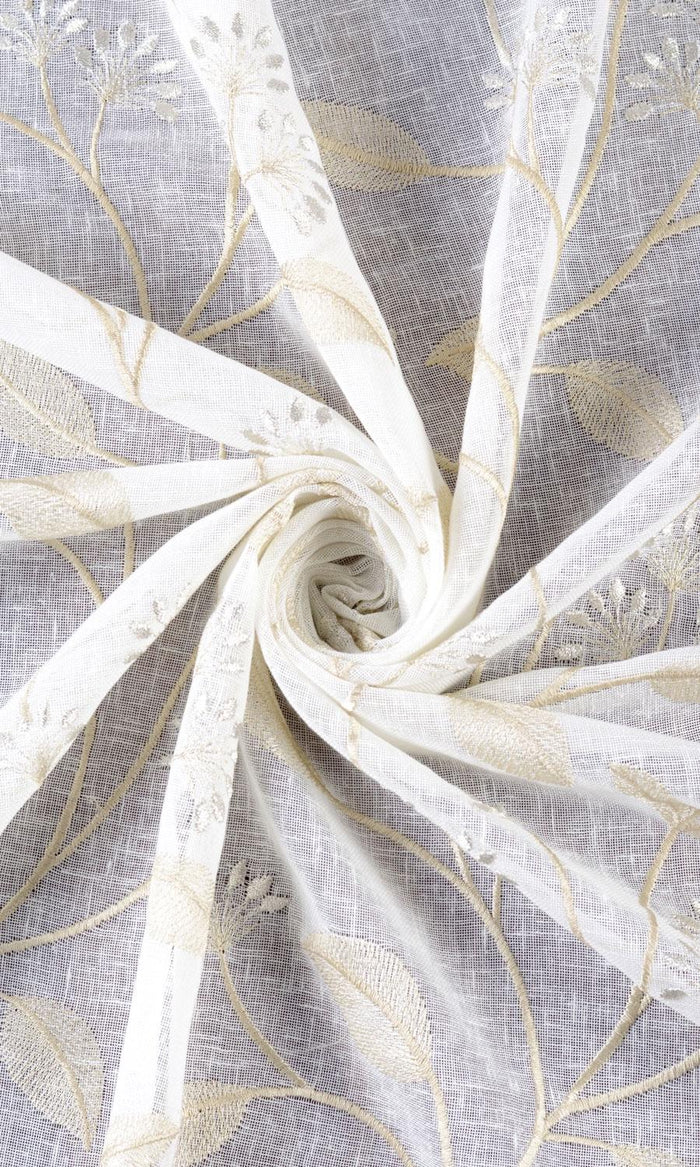 Sheer Floral Embroidered Fabric Material By the Metre (White/ Beige)
