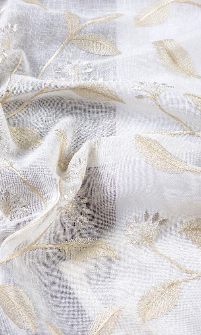 Sheer Floral Embroidered Fabric By the Metre for Curtains & Drapes (White/ Beige)