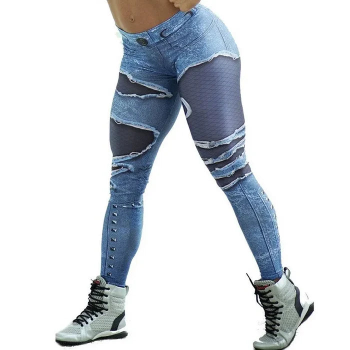 Denim-Print High-Waist Seamless Leggings | Compressive Yoga Pant