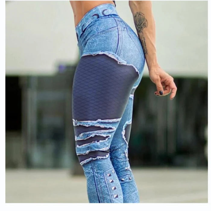 Denim-Print High-Waist Seamless Leggings | Compressive Yoga Pant