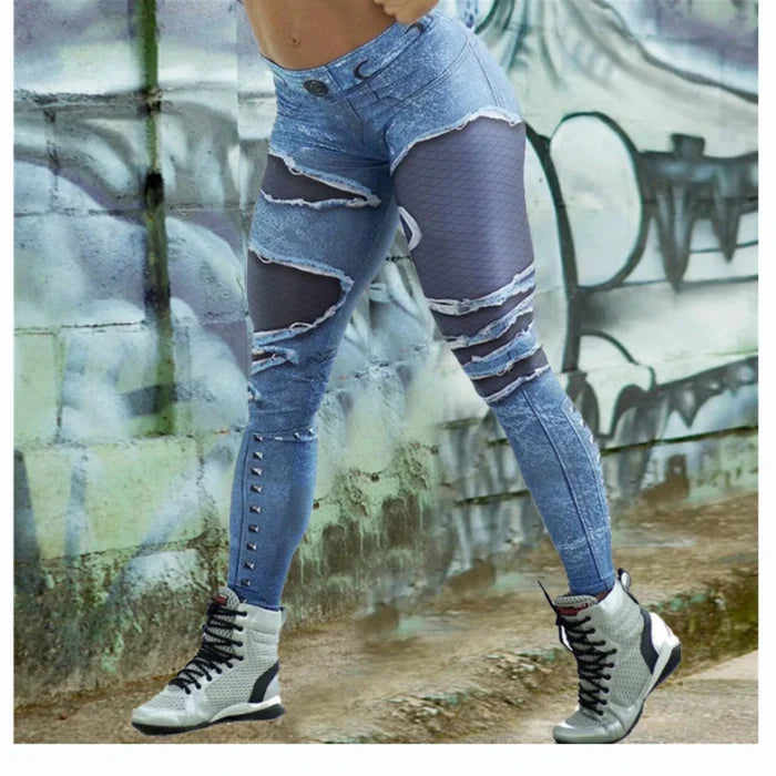 Denim-Print High-Waist Seamless Leggings | Compressive Yoga Pant