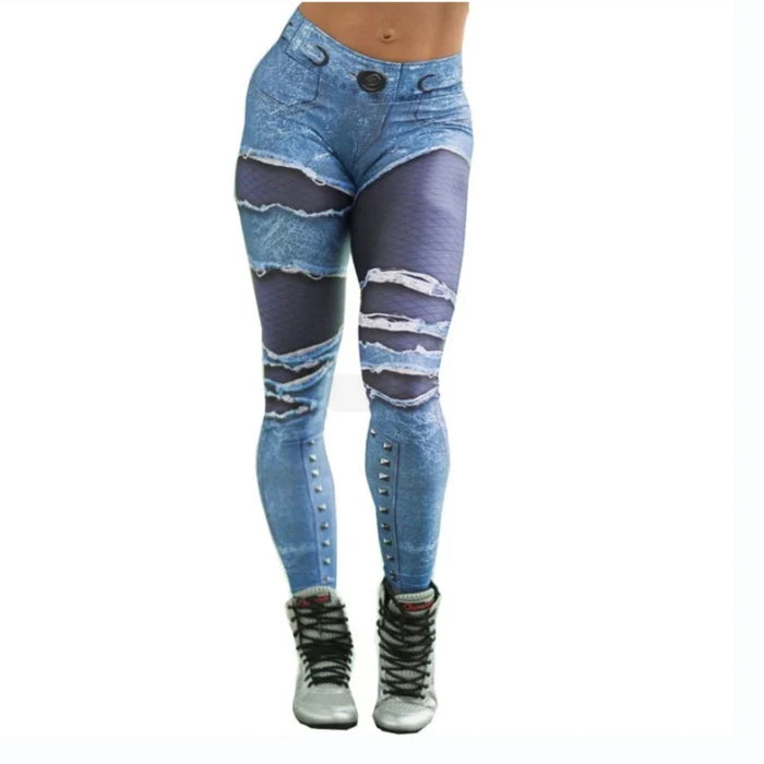 Denim-Print High-Waist Seamless Leggings | Compressive Yoga Pant
