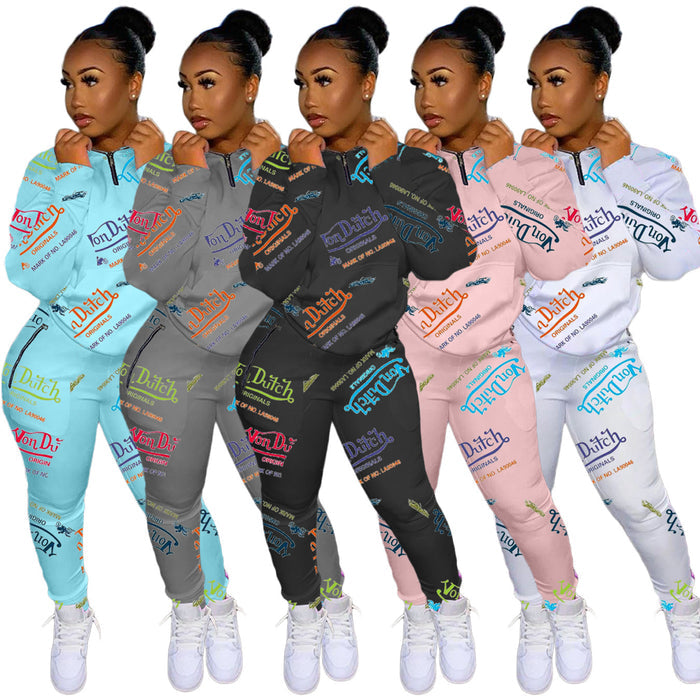 Digital Printed Letter Sweater Casual Sports Two-piece Suit