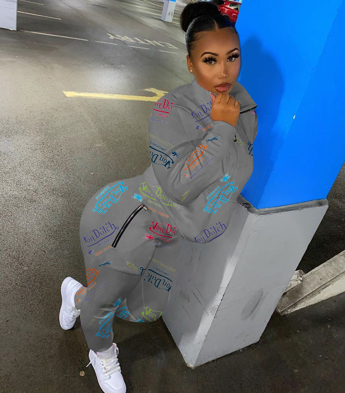 Digital Printed Letter Sweater Casual Sports Two-piece Suit