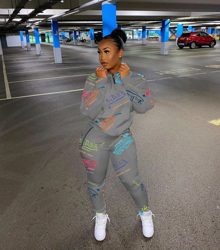 Digital Printed Letter Sweater Casual Sports Two-piece Suit