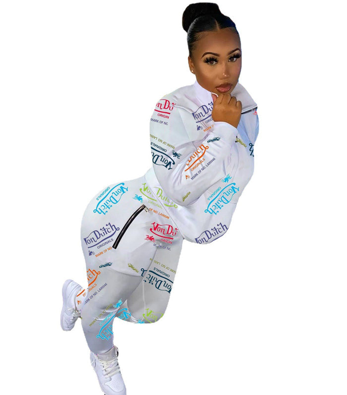 Digital Printed Letter Sweater Casual Sports Two-piece Suit