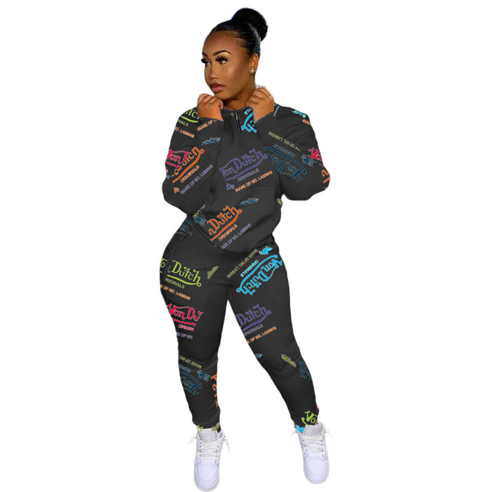 Digital Printed Letter Sweater Casual Sports Two-piece Suit