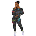 Digital Printed Letter Sweater Casual Sports Two-piece Suit