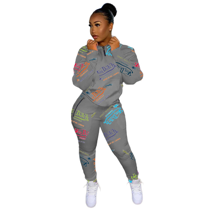 Digital Printed Letter Sweater Casual Sports Two-piece Suit