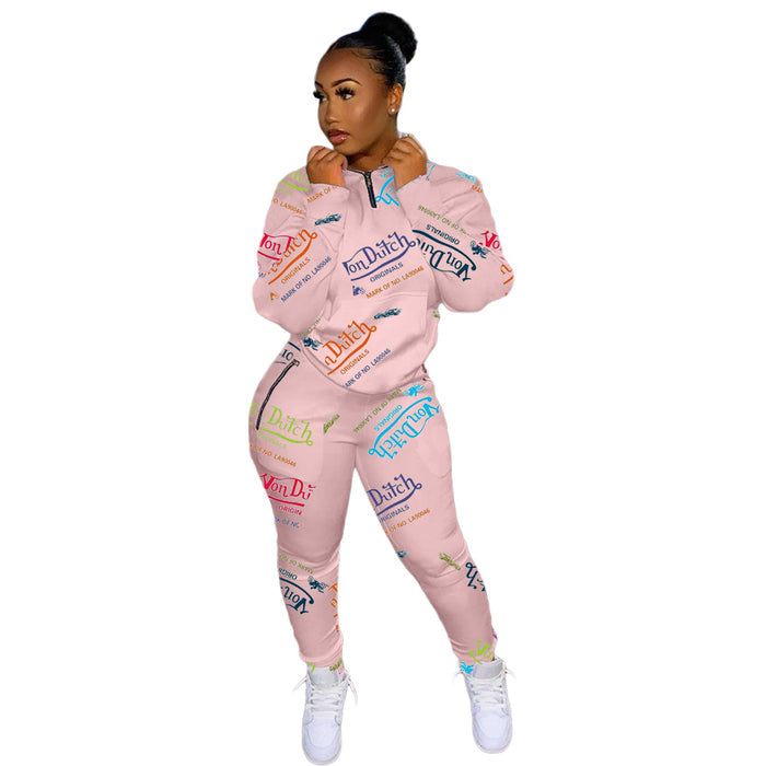 Digital Printed Letter Sweater Casual Sports Two-piece Suit