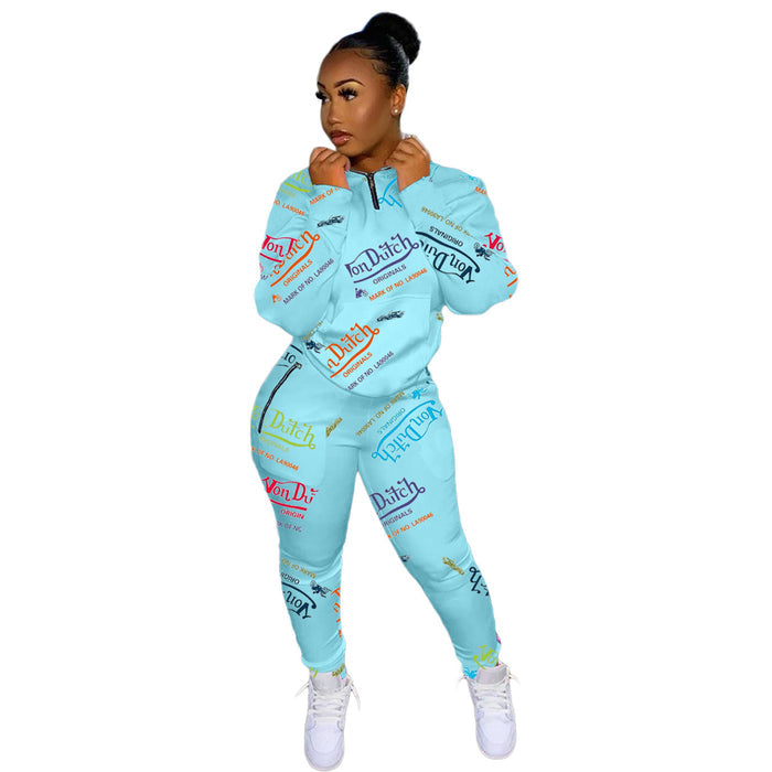 Digital Printed Letter Sweater Casual Sports Two-piece Suit
