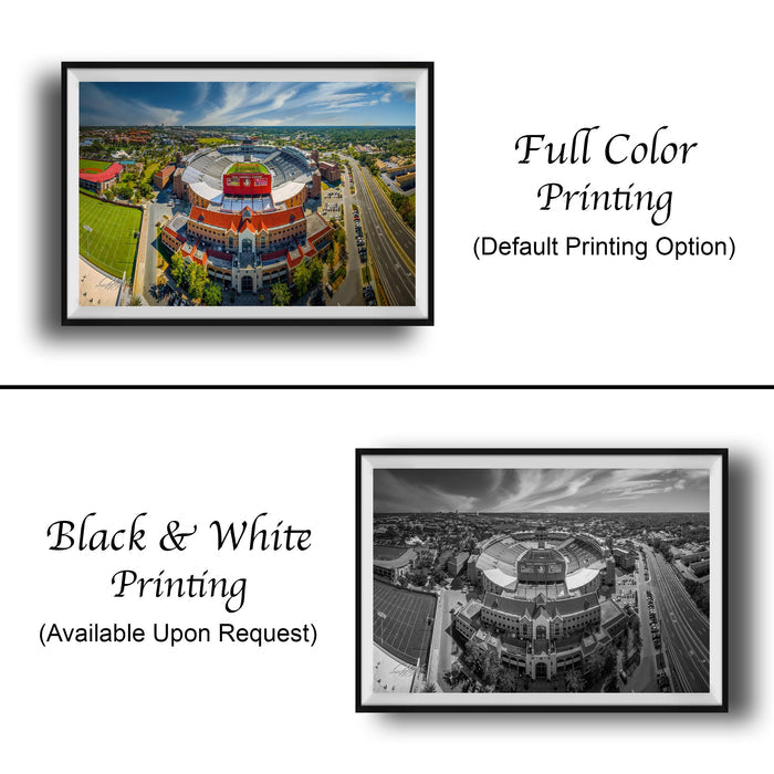 The image is a collage of two framed pictures. The left frame shows a full color aerial view of a stadium, while the right frame is a black and white aerial view of the same stadium. The text below the images indicates that the full color printing is available upon request.