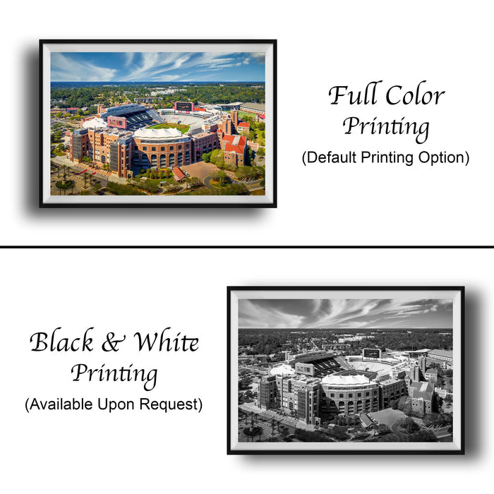 The image is a collage of two framed pictures. The top picture is a full color print of a large building, while the bottom picture is a black and white print of the same building. The text below the images indicates that the full color printing is available upon request.