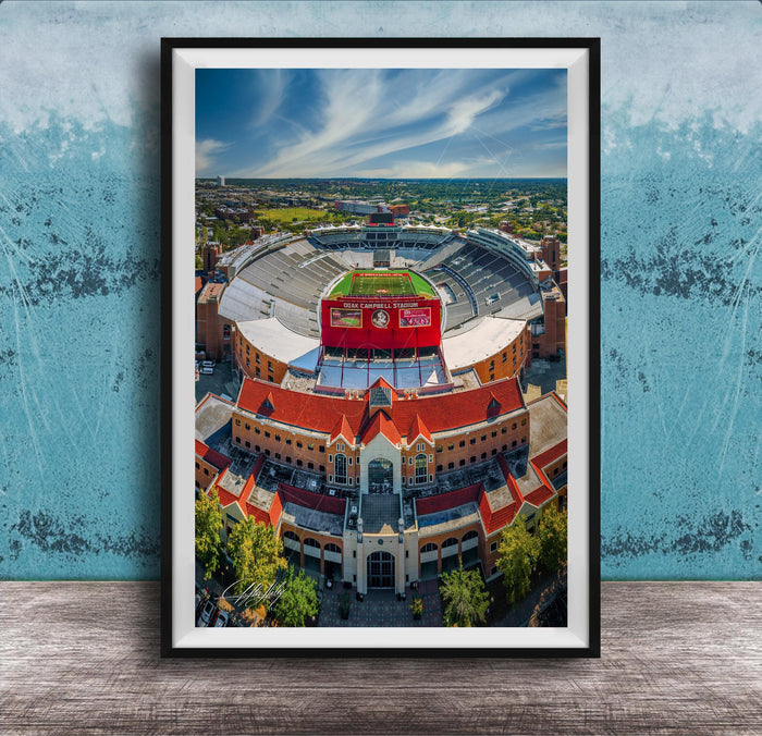 The image is an aerial view of a large stadium with a red roof, surrounded by buildings and a green field.