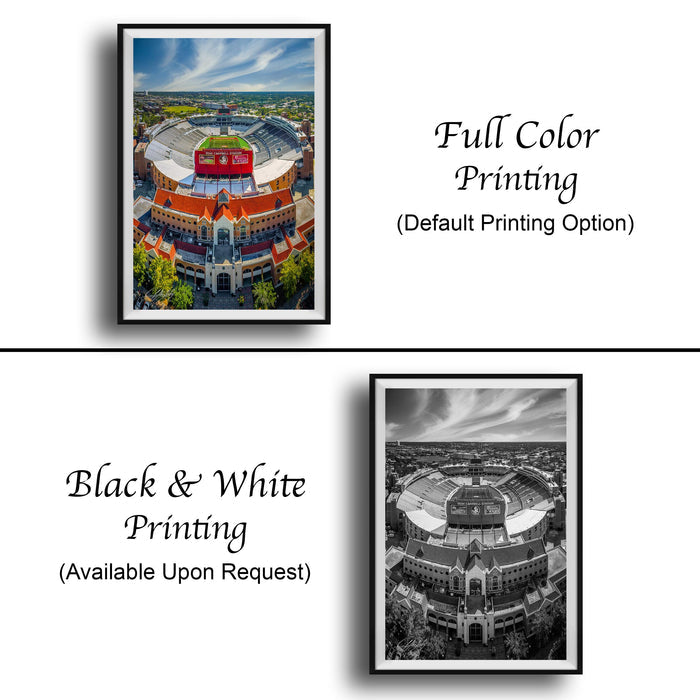 The image is a collage of two framed pictures. The top picture is a full color print of a stadium, while the bottom picture is a black and white print of the same stadium. Both pictures are framed and available upon request.