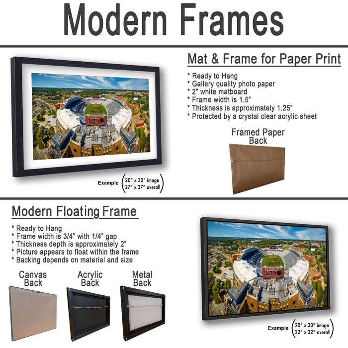 The image is a collage of two framed pictures, one of a modern floating frame and the other of a mat and frame for paper print. The collage features a variety of frames and mat and frame types, including a mat and frame for paper print, a modern floating frame, and a mat and frame for paper print. The collage also includes examples of mat and frame sizes and materials, such as 20 x 30" and 22 x 32" mat and frame backings.