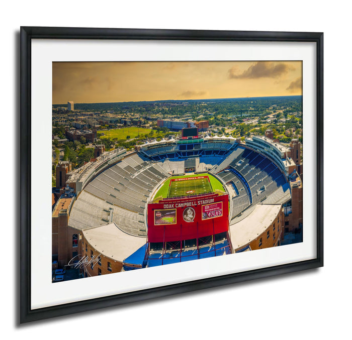 The image is an aerial view of a large sports stadium, specifically a football stadium, with a cityscape in the background.