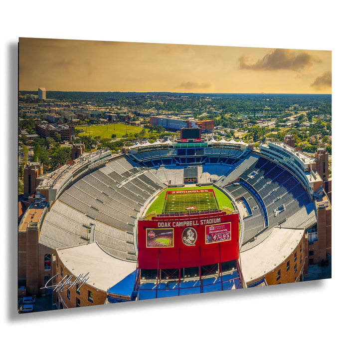 Florida State stadium wall art, Doak Campbell sunset print, FSU Seminoles aerial photo, Fear the Spear fine art, Unconquered stadium decor, Tallahassee sports photography, college football home print, Seminole legacy canvas, Florida State aerial stadium, FSU campus wall decor