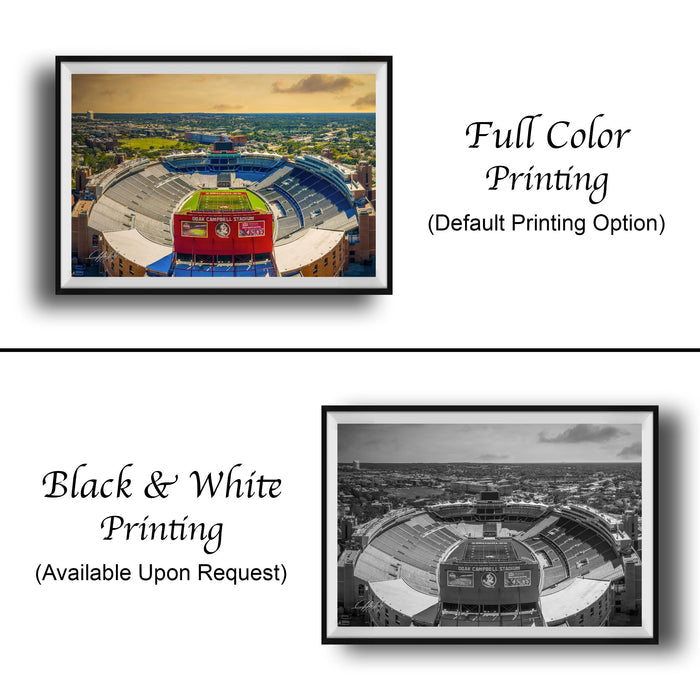 The image is a collage of two framed pictures. The left frame shows a full color image of a stadium, while the right frame displays a black and white version of the same stadium. The text below the images indicates that the full color version is available upon request.