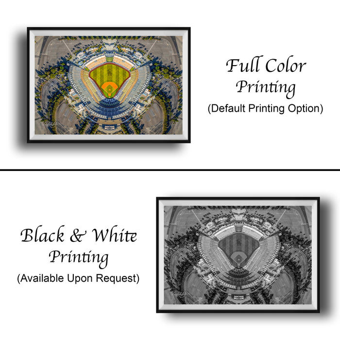 The image is a collage of two framed pictures. The top picture is a full-color print of a baseball stadium, while the bottom picture is a black and white print of the same stadium. Both pictures are framed and available upon request.