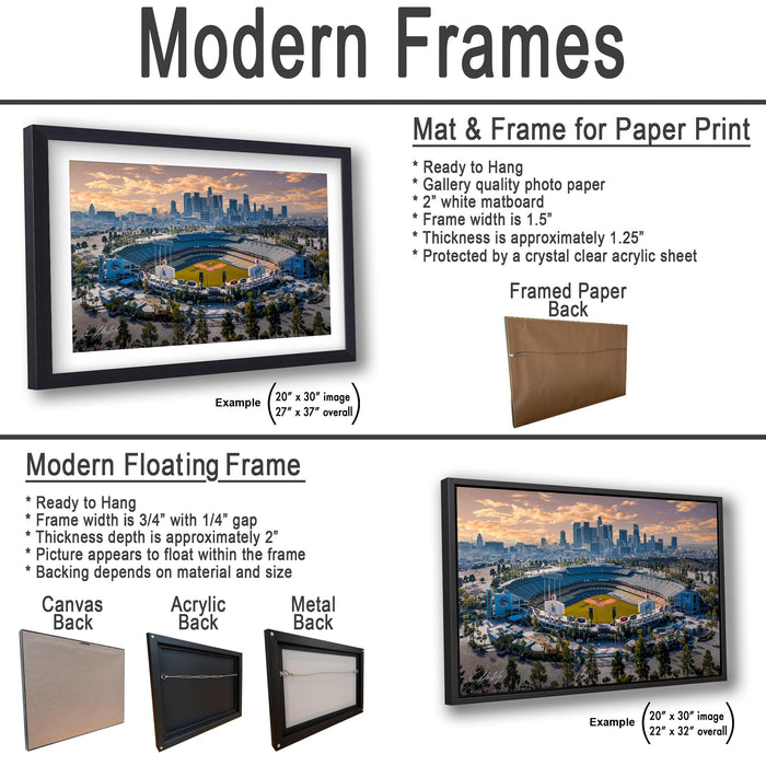 The image is a collage of two framed pictures, one of a baseball stadium and the other of a city skyline, both featuring modern framing options.
