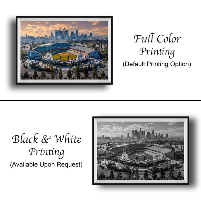 The image is a collage of two framed pictures. The top picture is a full color print of a baseball stadium, while the bottom picture is a black and white print of the same stadium. Both pictures are framed and available upon request.