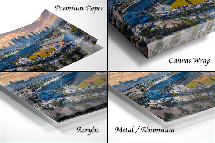 The image is a collage of four different views of a baseball stadium, each with a distinct perspective and angle. The collage includes a close-up view of the stadium, a wide-angle view of the stadium and surrounding cityscape, a side view of the stadium, and a top-down view of the stadium and cityscape. The collage is labeled as "Premium Paper", "Canvas Wrap", "Acrylic", and "Metal/Aluminum" to describe the materials used in the artwork.
