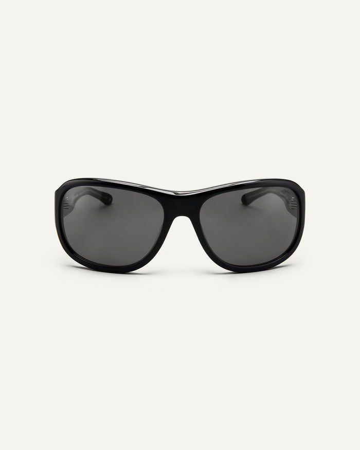 Face shot of Bonnie Clyde Dog sunglasses in black with black lenses.