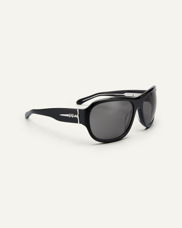 Side shot of Bonnie Clyde Dog sunglasses in black with black lenses.