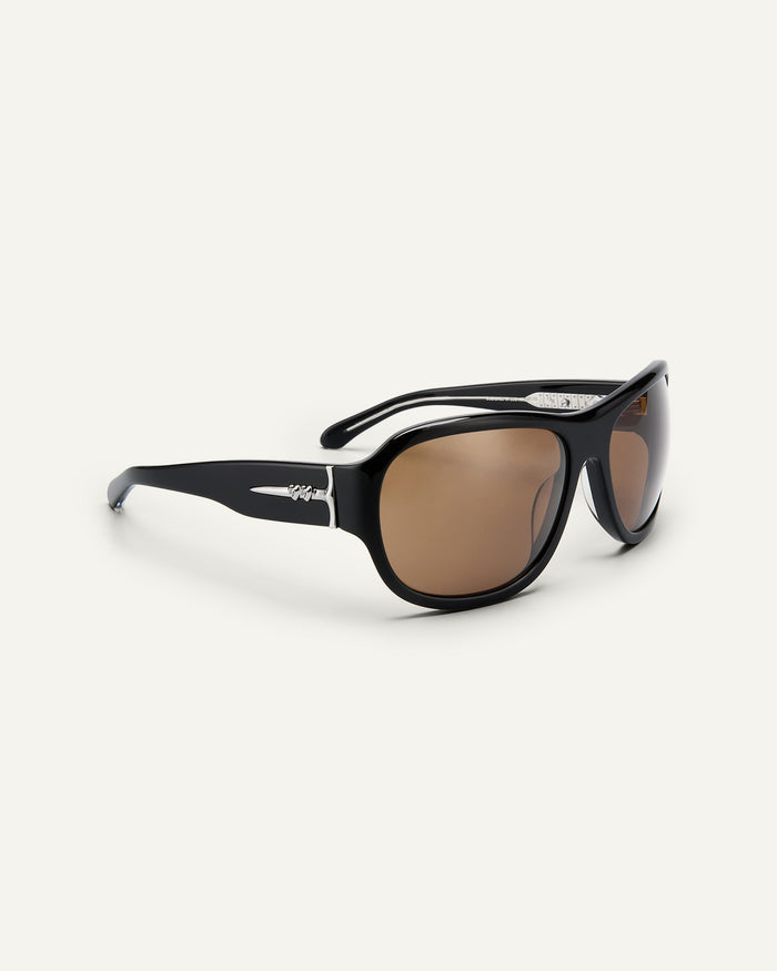 Quarter shot of Bonnie Clyde Dog sunglasses in black/brown.