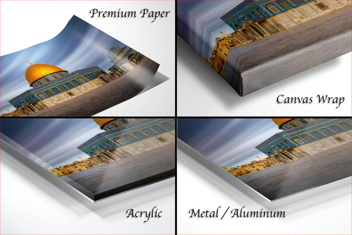 The image is a collage of four photos depicting the Dome of the Rock, a significant landmark in Jerusalem, Israel. The photos are labeled as "Premium Paper", "Canvas Wrap", "Acrylic", and "Metal/Aluminum" to describe the different materials used for the prints.
