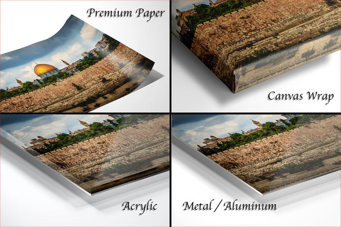The image is a collage of four photographs depicting the Old City of Jerusalem, with each photograph labeled as either "Premium Paper", "Canvas Wrap", "Acrylic", or "Metal/Aluminum".